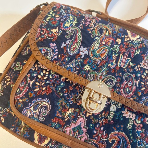 Boho Turkish Tapestry Crossbody Purse Faux Leather Trim Paisley Western - Picture 4 of 6